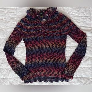 Vintage Colorful Gradient Crochet Open Knit Long Sleeve Sweater Y2K 70s - Small